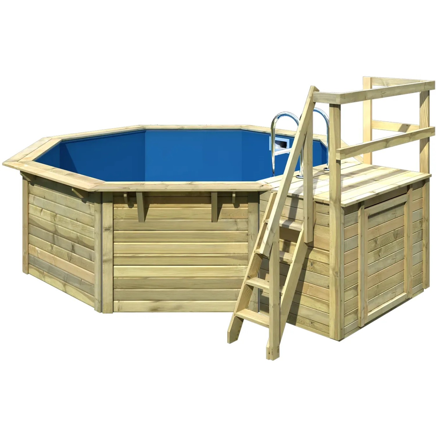 Karibu Holzpool X1 mit blauer Innenhülle, Leiter und Holzdeck. Gartenpool aus kesseldruckimprägniertem Holz.