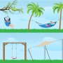 Illustration verschiedener Hängematten- und Schaukel-Installationen im Freien.