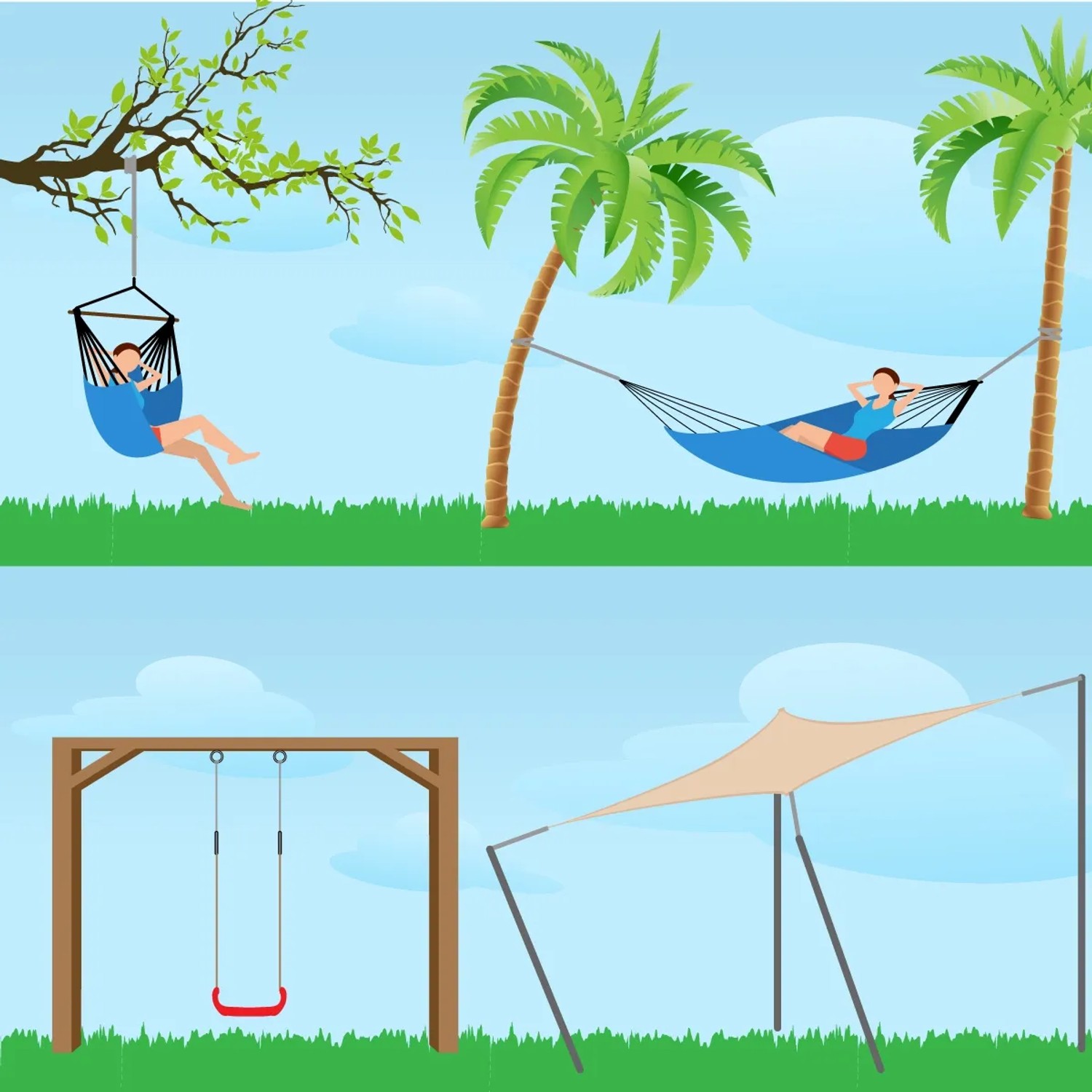 Illustration verschiedener Hängematten- und Schaukel-Installationen im Freien.