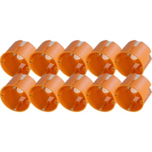 10er-Set orangefarbene Hohlwanddosen, Ø 68 mm, für Schalter und Steckdosen.