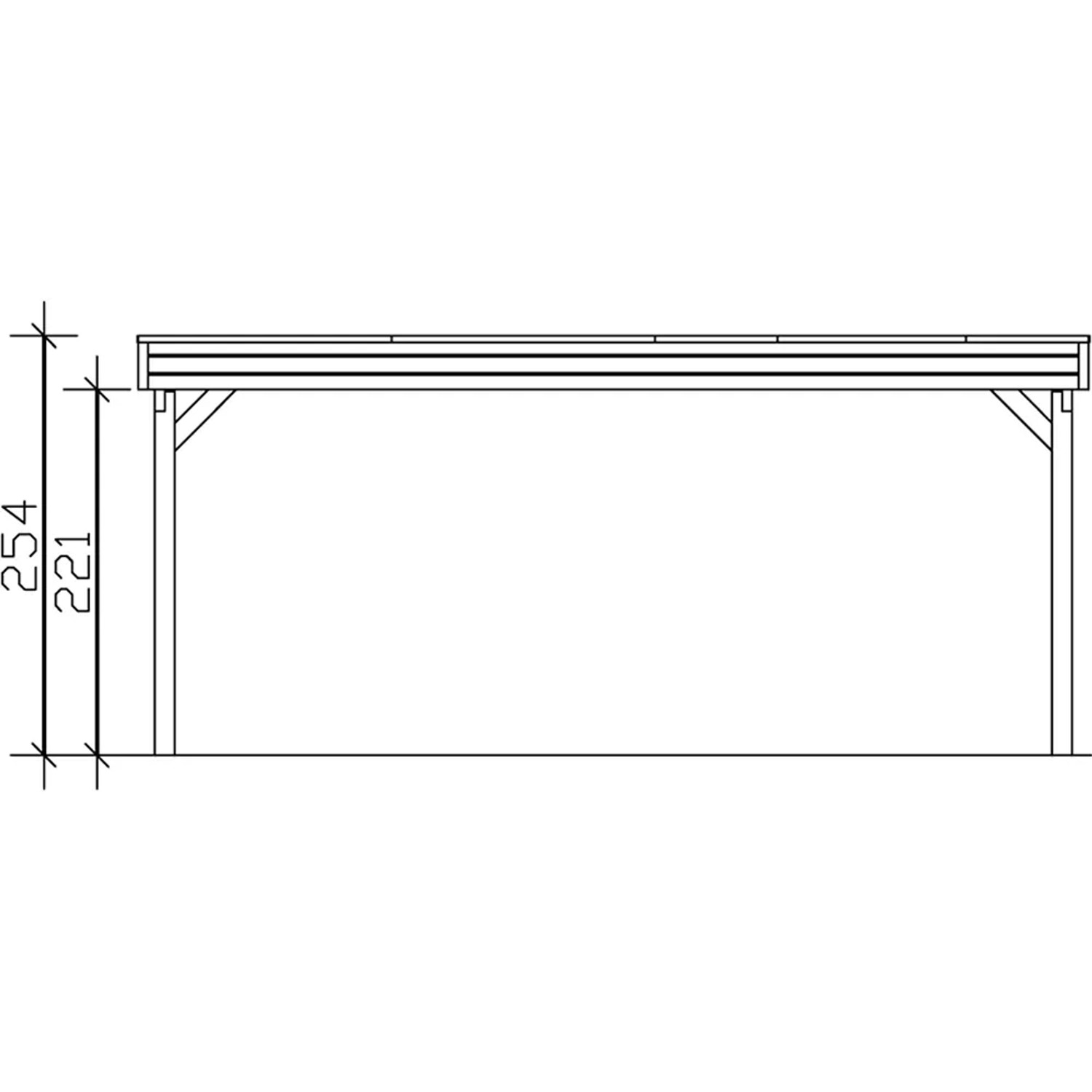 Technische Zeichnung: Carport Friesland Schiefergrau, 557x555cm, Aluminiumdach. Seitenansicht mit Höhenangaben.