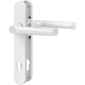 Weiße Drückergarnitur aus Aluminium für Holz- und Kunststofftüren.