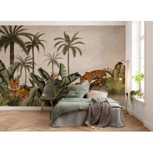Fototapete Tiger Jungle von Komar, Dschungel-Motiv mit Tigern, Palmen und Tukan im Kinderzimmer.