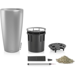 Lechuza Rondo Premium Pflanzgefäß, Ø 40cm, silber metallic, mit Zubehör für die Bepflanzung.