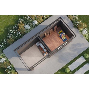 Finnhaus Wolff WPC Gerätehaus Tona 6024, anthrazit, mit überdachtem Loungebereich, Vogelperspektive.