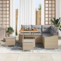 Beiges 8-teiliges vidaXL Garten-Sofa-Set aus Poly Rattan mit Tisch und grauen Kissen.