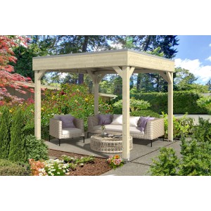 Unbehandelter Holz-Pavillon Toulouse von Skan Holz, 294x294 cm, mit Gartenmöbeln im Grünen.