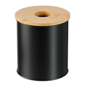 Relaxdays Kosmetikeimer Eisen Bambus Schwarz mit Bambusdeckel 2 l 15 cm x 13,5 cm