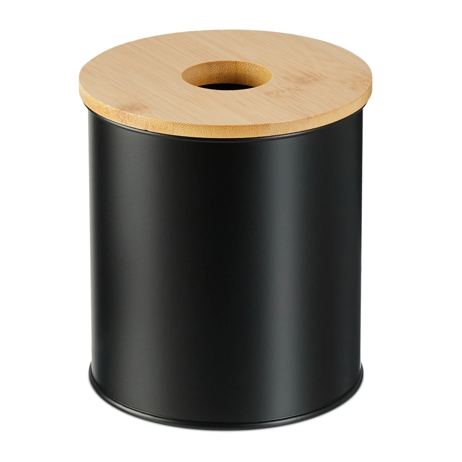 Relaxdays Kosmetikeimer Eisen Bambus Schwarz mit Bambusdeckel 2, 15 cm x 13,5 cm