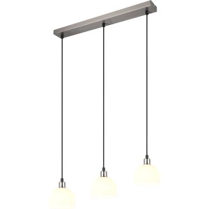 Moderne Reality Pendelleuchte Molly, Nickel matt, mit drei weißen Glaskugeln für den Essbereich.