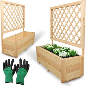 Holz Pflanzkasten mit Rankgitter und Gartenhandschuhen, ideal für Rankpflanzen im Garten oder auf dem Balkon.