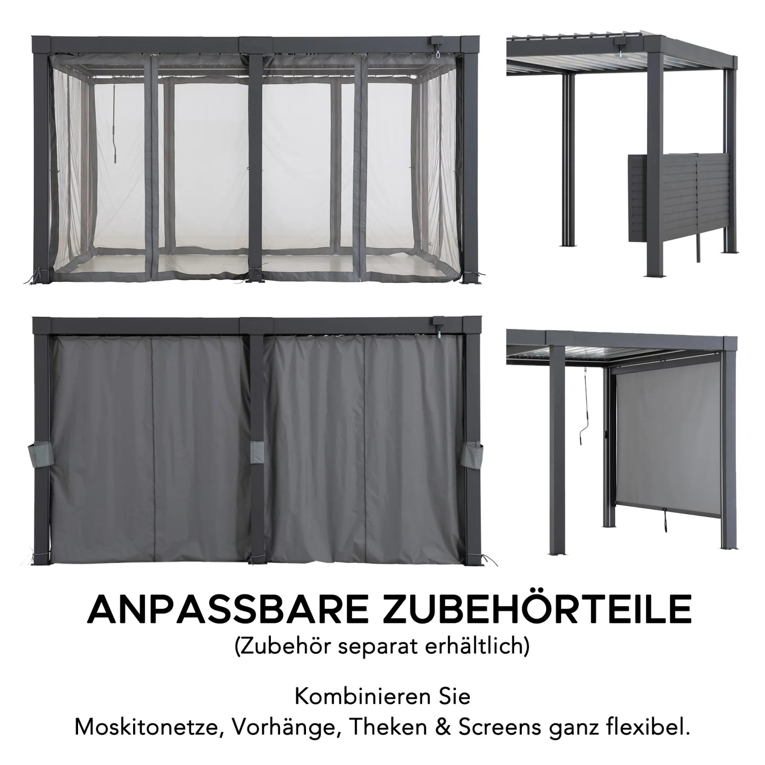 Sunjoy Multi-Pergola Matterhorn mit Zubehör wie Moskitonetz und Vorhängen.