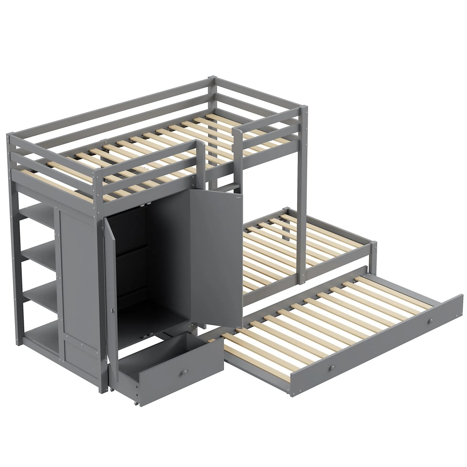 KOMHTOM Etagenbett 90x200Cm  Ausziehbett  Multifunktionales Kinderbett Mit Kleiderschrank  Schubladen Und Staufach  Massivholz  Grau