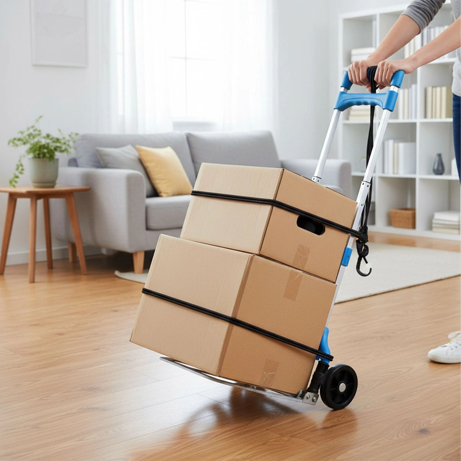 Blaue klappbare Sackkarre aus Stahl mit zwei Kartons, die in einem Wohnzimmer transportiert werden. Ideal für Umzüge.