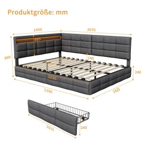 Doppelbett Jugendbett 140x200cm mit LED-Beleuchtung Ladefunktion und Ablage Grau
