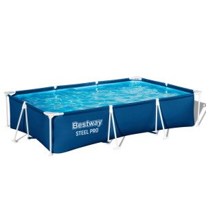 Dunkelblauer Bestway Steel Pro Frame Pool, rechteckig, mit weißem Stahlrahmen und Wasser. Perfekt für den Garten.