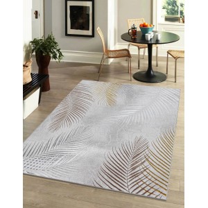 Floornovo Kurzflor Teppich, 200x140 cm, grau mit Blattmuster. Wohnzimmer-Szene.
