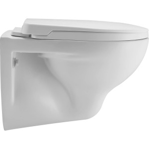 Weißes Wand-WC aus Keramik, 49,5x35x34 cm, mit Spülrand und horizontalem Abgang.