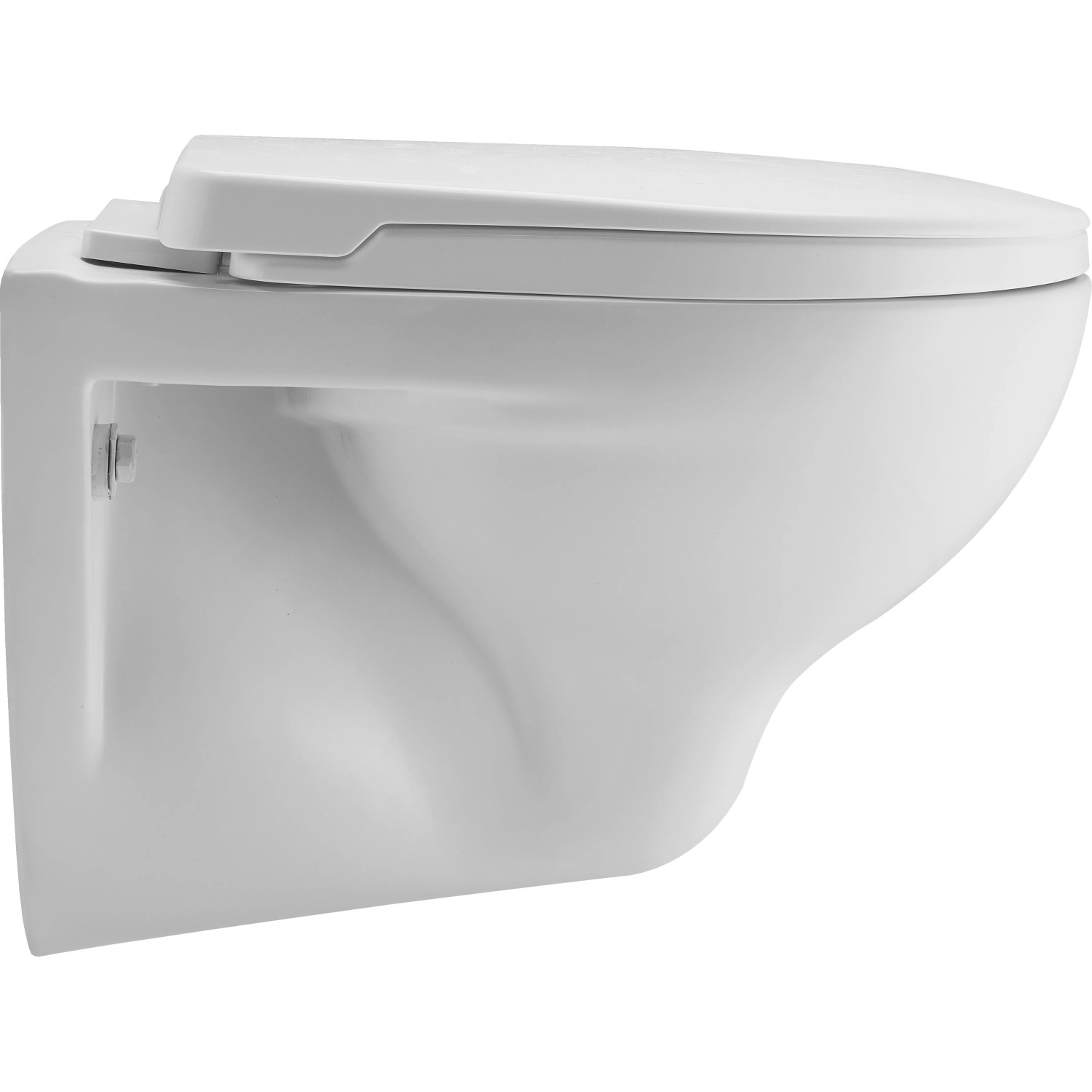 Weißes Wand-WC aus Keramik, 49,5x35x34 cm, mit Spülrand und horizontalem Abgang.