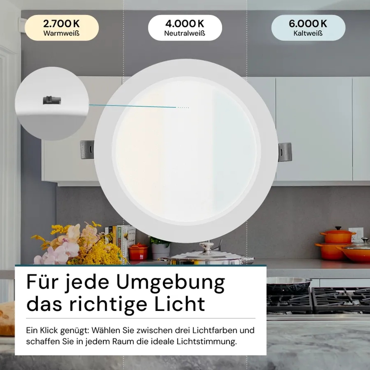 LUXULA LED Einbauleuchte, 18W, IP44, Lichtfarbe einstellbar in Weiß. Deckenspot mit drei Farbtemperaturen.