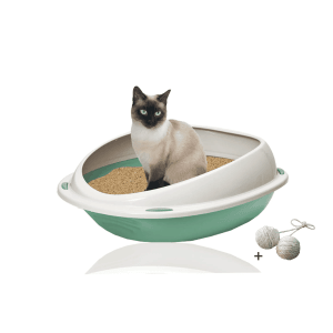 Rohrschneider Tierbett Salbei mit Katze und Spielzeug. Gemütliches Hundebett/Katzenbett aus Cordstoff.