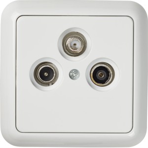 OBI SAT-Antennendose Penelope polarweiß mit Rahmen, Nahaufnahme der Anschlüsse.