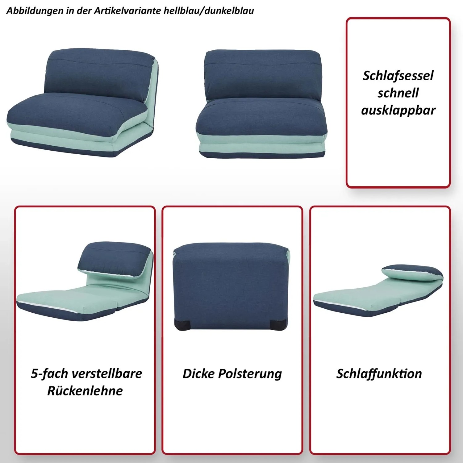 MCW Schlafsessel E68, hellblau/dunkelblau, verschiedene Positionen: Sessel, Liege, Hocker.