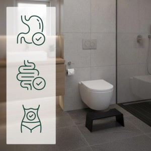 Schwarzer klappbarer Bambus Toilettenhocker im Bad vor WC. Icons zeigen gesunde Hocksitzhaltung und Verdauung.