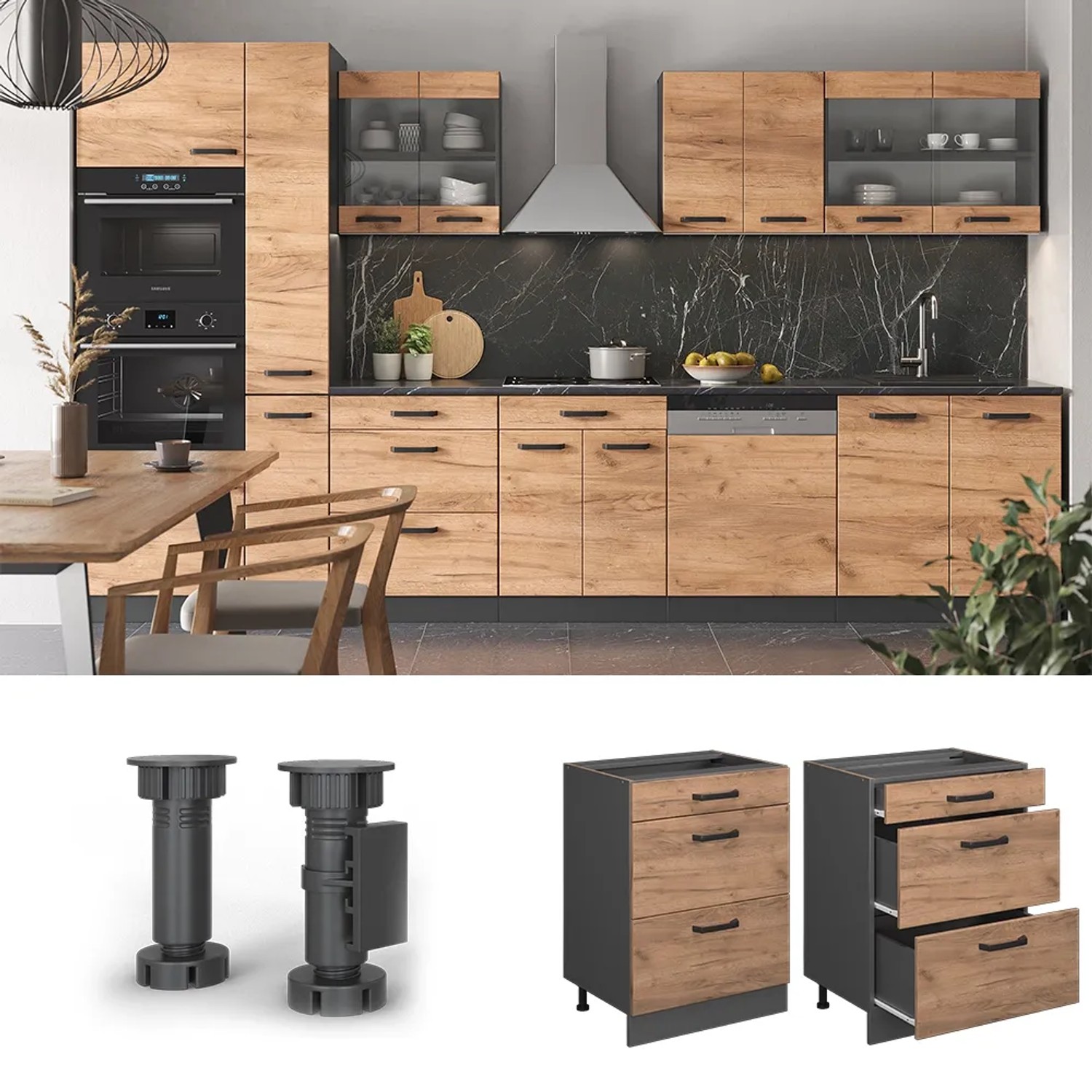 Vicco Küchenunterschrank R-Line, Goldkraft Eiche/Anthrazit, 60 cm, mit Schubladen.