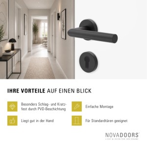 Mattschwarze NOVADOORS Türgriffgarnitur aus PVD-Edelstahl mit PZ-Lochung an weißer Tür im modernen Flur.