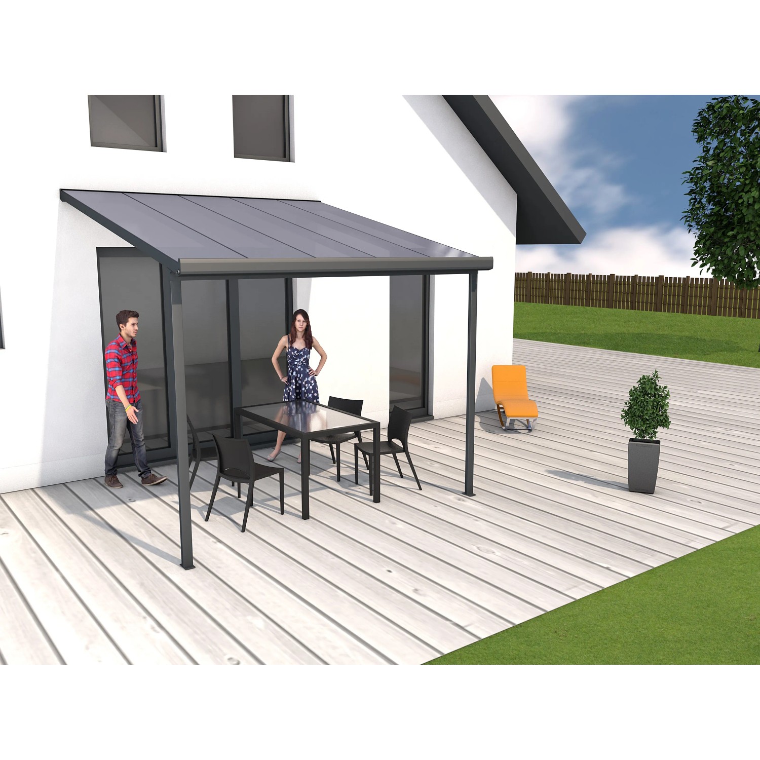 Moderne Gutta Terrassenüberdachung in Anthrazit, 306x306 cm, mit Tisch und Stühlen auf Terrasse.
