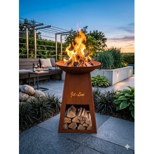 Jet-Line Feuersäule Bahrain Rostoptik mit brennendem Feuer und Holzfach auf Terrasse.