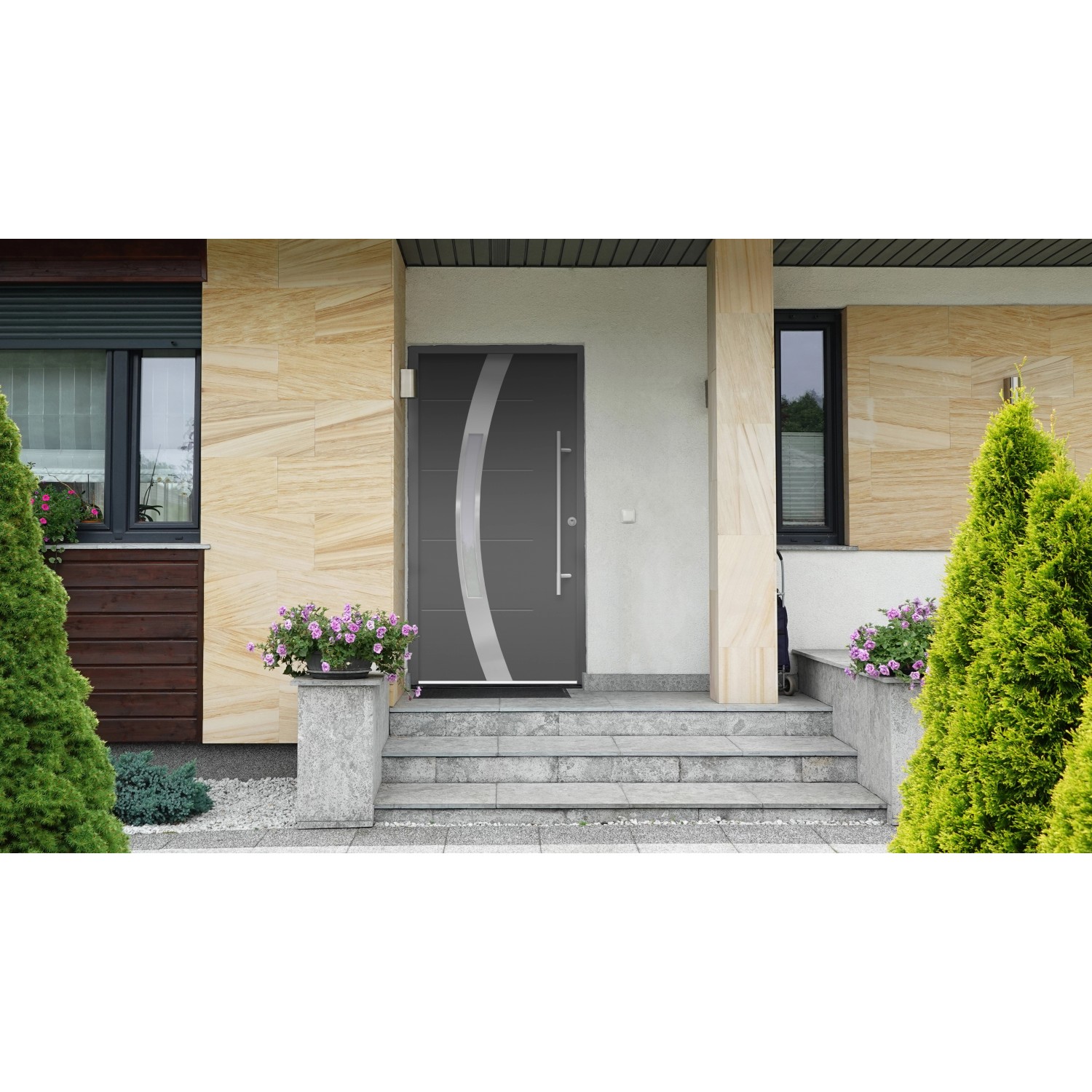 Anthrazitfarbene Sicherheits-Haustür ThermoSpace Prime Prag RC2, 110x210 cm, mit Edelstahlgriff und Glaseinsatz.