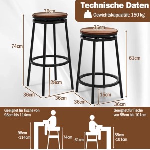Costway Barhocker 2er Set 360° Drehbar mit 2 Einstellbare Höhen Braun