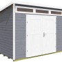 Graues, lasiertes Weka Gartenhaus 264 mit Pultdach und Doppeltür. Ideal zur Geräteaufbewahrung.