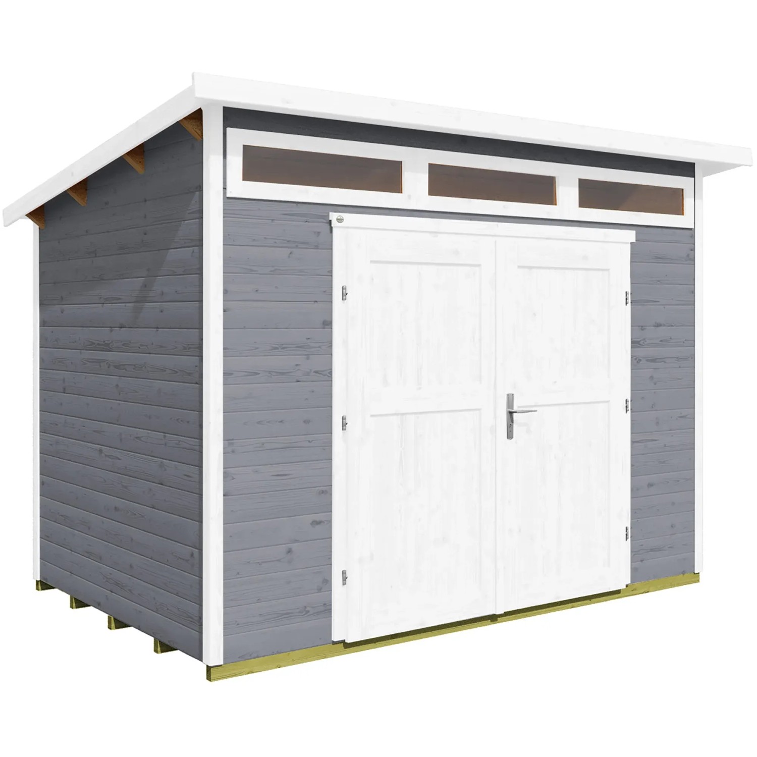 Graues, lasiertes Weka Gartenhaus 264 mit Pultdach und Doppeltür. Ideal zur Geräteaufbewahrung.