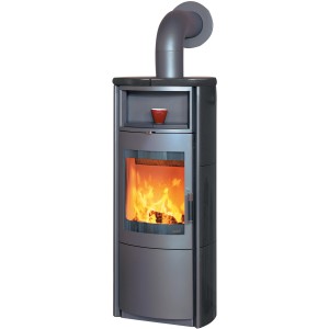 Hark Kaminofen Nika ECOplus, Kachel Schwarz, 5 kW mit Automatik und Feuer im Brennraum.