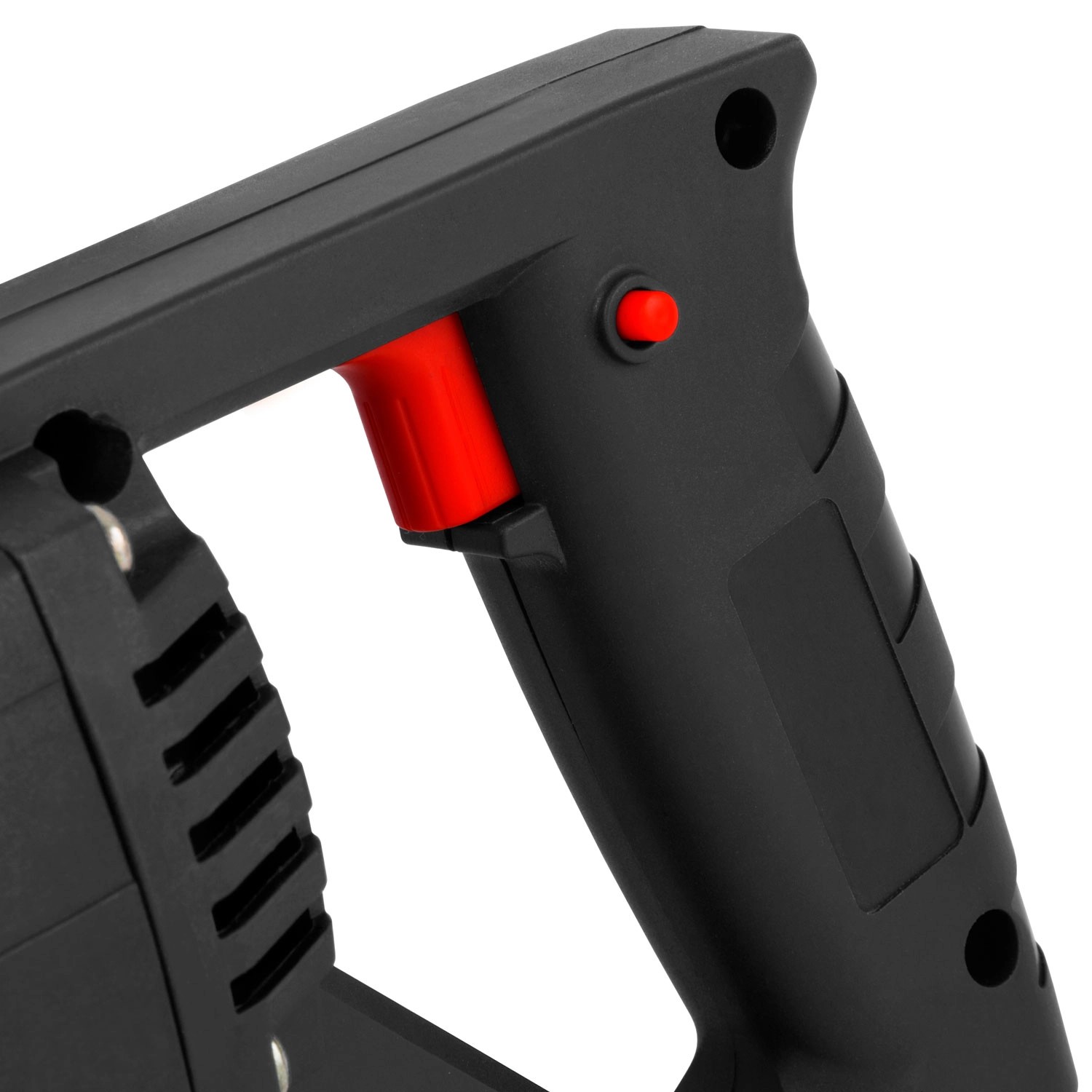 Detailaufnahme des schwarzen EBERTH Betonrüttlers mit rotem Auslöser. Baumaschine für Betonarbeiten.