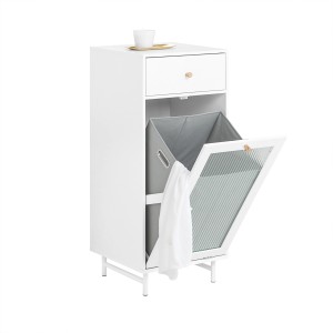 SoBuy Wäscheschrank BZR116-W, weißes Badmöbel-Set mit ausklappbarem Wäschesack und Schublade.