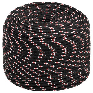 Schwarzes Bootsseil (6 mm, 50 m) aus Polypropylen, aufgerollt.