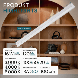 LUXULA 4er Set LED Unterbauleuchte 115cm CCT Dimmbar Schwenkbare Schrankleuchte Warm- Kaltweiß 3000-6000K Erweiterbar Küchenbeleuchtung 16W Weiß