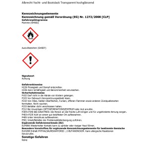 Etikett des Albrecht Yacht- und Bootslacks mit Gefahrenhinweisen und Sicherheitshinweisen.