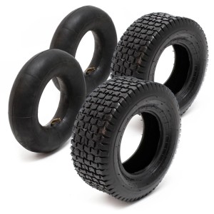 Set aus 2 schwarzen Rasentraktor-Reifen 18x8.50-8 mit Profil und 2 Schläuchen mit Winkelventilen für Mäher.
