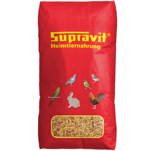 Supravit Exotenfutter für Finken, Mischfutter im roten Sack mit Vogel- und Tiermotiven.