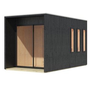 Karibu Saunahaus Cancun Schwarz: Blockbohlenhaus mit Schiebetür und drei Fenstern.