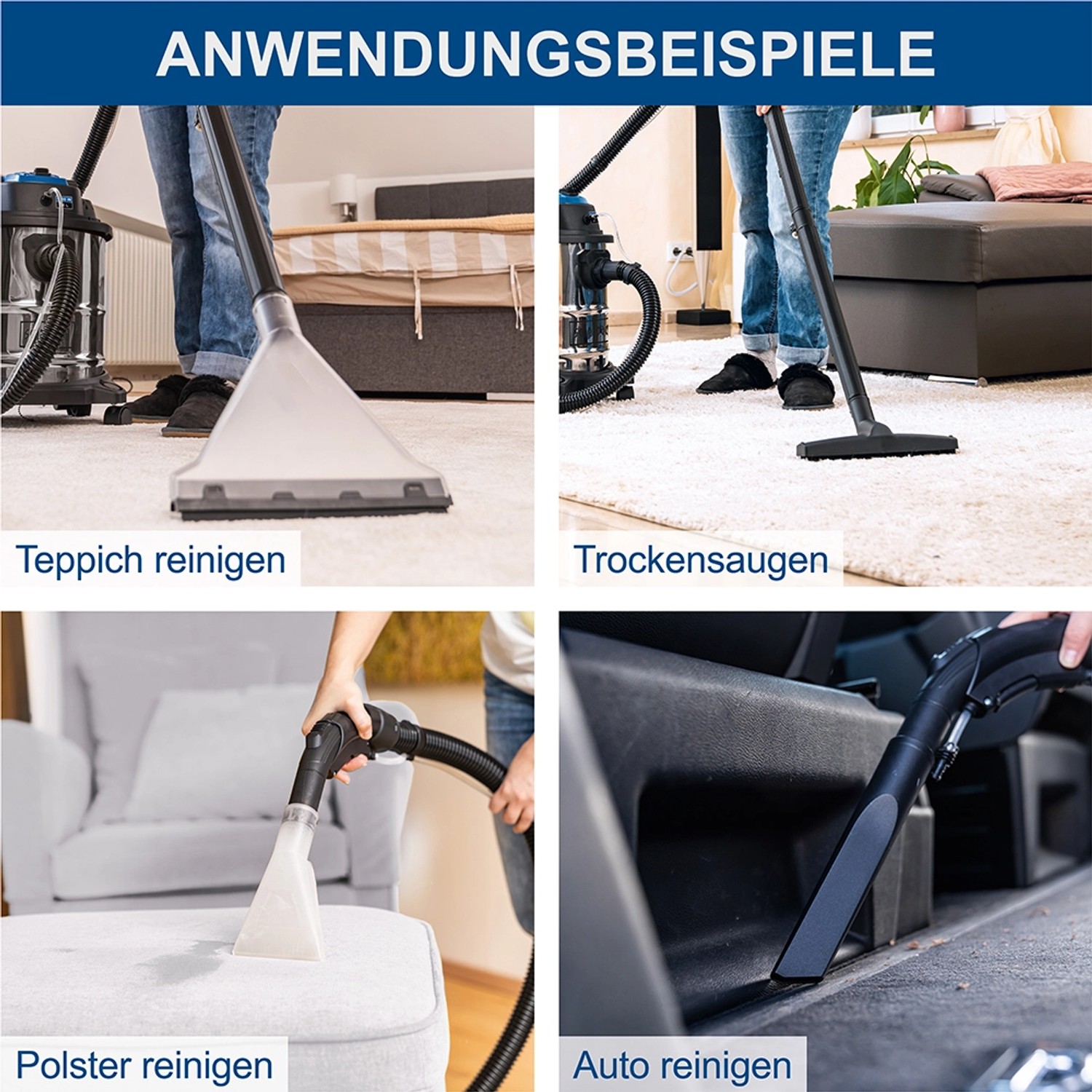 Anwendungsbeispiele des Scheppach SprayVac 20: Teppich-, Polster- und Autoreinigung mit dem Nass- & Trockensauger.