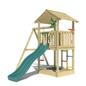Jungle Gym Spielturm Beacon mit Schaukel, Rutsche und Sandkasten aus Holz.