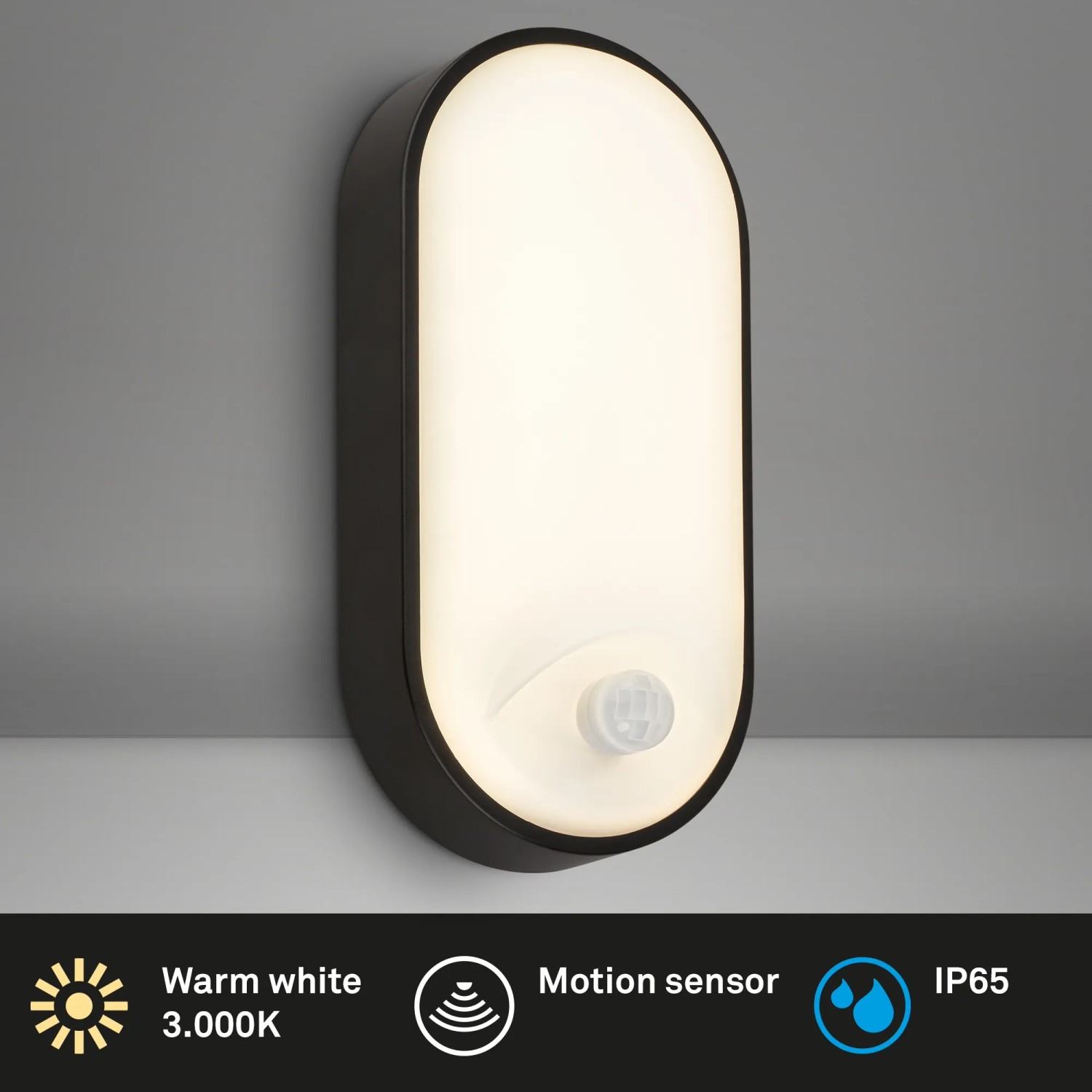 Schwarze Briloner LED Wandleuchte mit Bewegungsmelder, geeignet für den Außenbereich.