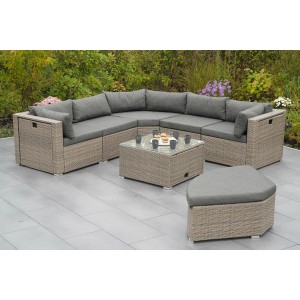 Merxx Rivello Lounge-Eckset mit Auflagen, bestehend aus Lounge, Tisch und Hocker aus Kunststoffgeflecht.