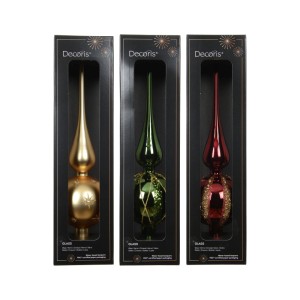 Drei mundgeblasene Decoris Glas-Weihnachtsbaumspitzen in Gold, Grün, Rot mit Glitzerdetails in schwarzer Verpackung.